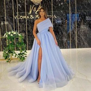 Sky Blue Prom-klänningar aso ebi plus storlek en axel a-line aftonklänningar afrikansk formell festklänning 2024 Ny plus storlek