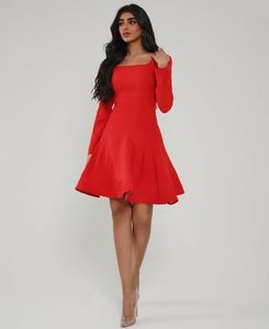 Elegant Short Red Taffeta Evening Dresses Square Neck A-Line Long Sleeve Middle East Mini Length Prom Dress for Women