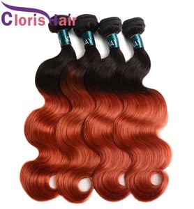 Prefolorowana fala ciała ludzkie splot włosów spalone pomarańczowe brazylijskie przedłużenia Ombre Virgin Ombre 3PCS Dwa ton 1B 350 Wavy Tkaing TA7145113