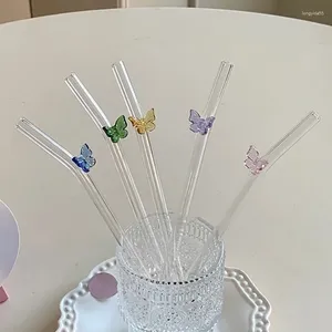 Mugs 180 25mm Reusable Glass Straw Ins Butterfly Environment-friendly Drink Pipe Coffee Milk Cute Portable Elbow High Color