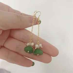 Dangle Earrings Charm 14K Gold Green Jade Lotus Seedpod Style Pearl Drop Earring Chinese Ancient Hook For Women Trendy Girl's Gift