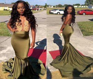 Olive Green Africano Prom Vestidos 2K17 Apliques de renda dourada Cetina Mermaid Vestidos de noite preto Coquetel