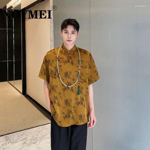 Camisas casuais masculinas noyymei verão estilo chinês cetim tinta de bambu estampado nó fivela stand pescoço de manga curta 2024 Male superior wa4318