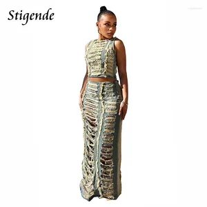 Work Dresses Stigende Women Denim Ripped Hole Two Piece Set Shredded Crop Top And High Split Jeans Skirt Sexy Hollow Out Streetwear Outfit