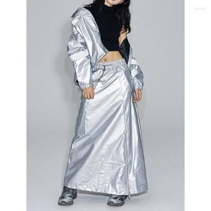 Skirts Women Silvery Metal Feeling Streetwear Fashion Vintage Casual Female It Gril Net Celebrity Modeling Ladies Long