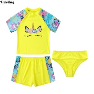 Shorts TiaoBug 3Pcs Kids Girls Stand Collar Short Sleeves Cartoon Print Tops With Shorts And Briefs Set Pool Swimming Bathing Rashguard