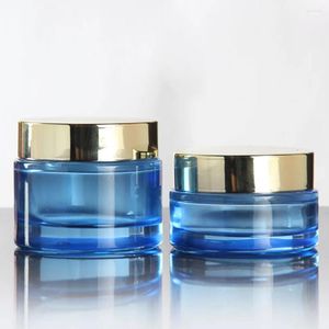 Butelki do przechowywania Sprzedaj 30 g szklanego kremowego słoika na próbkę przenośnej butelki do napełniania Blue 30 ml ze złotym i czarnym czapką