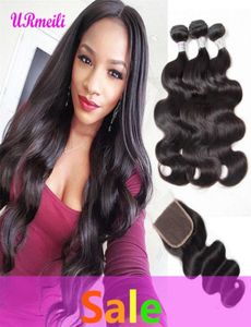 Peruvian Body Wave Human Hair Bündel mit Verschluss 10A Grad Virgin Hair Body Wave unverarbeitete jungfräuliche Haarbündel mit Spitze Closu9575913