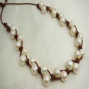 Ny Arriver Pearl Leather JewelleryHandwork White Color Freshwater Pearl Black Leather Necklace911mm 100 Real Pearls8636003