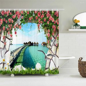 Shower Curtains Landscape Printing Fabric Curtain Bathroom Waterproof Flower Bird Seaside Scenery Bath Decor With Hooks