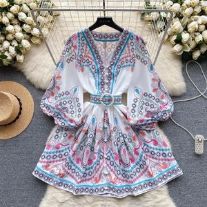Casual Dresses Elegant Sexig tryck V-ringning Puff Long Sleeves Belt Dress Fairy A-Line Summer Beach Vacation Slim Women Evening Party