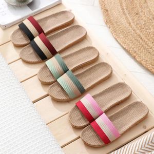 Casual Shoes 2024 Summer Flax Women Home Slippers Indoor Floor Striped Patchwork Couple Slipper Fashion Female Beach Slide Shoe#0706LJC