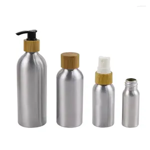 Storage Bottles Eco Friendly Cosmetic Packaging 30ml 50ml 100ml 120ml Aluminum Spray Bottle With Bamboo Lid Pumps 8oz 4oz