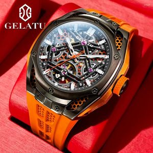Armbanduhr Gelatu 6008 Herren Uhren Siliziumband Automatische mechanische Uhr für Männer hohl aus dem wasserdichten leuchtenden Mann