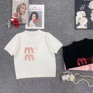 Miui T-shirt Designer Luxury Fashion Letter Printed Womens T-Shirt Spring/Summer Heavy Industry Letter Round Neck Versatile Small Fragrance Knitted