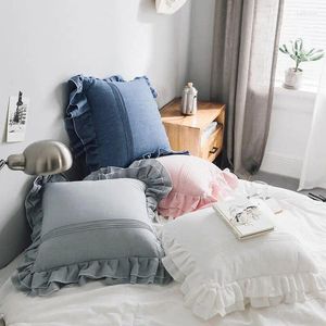 Pillow Cotton Double Flounce Throw Pillowshams Soft Ruffled Sofa Cover Korean Solid Color Couch Decor Pleat Stitch Case