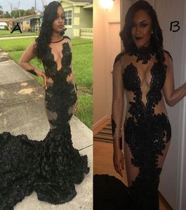 2017 Sexy Long Sleeves Mermaid Prom Dresses Sheer Neck Appliques Illusion Flowers Plus Size African Women Evening Gowns Party Dres9237135