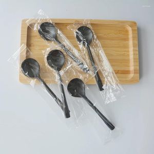 Disposable Flatware 100PCS Plastic Spoon Round Head Individually Wrapped Thick Black Tableware Kitchen Accessories Dessert Ice Cream Cake