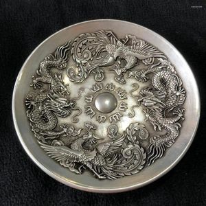 Dekoratif figürinler Çin nadir koleksiyonları eski el işi Tibet - Silver Dragon ve Phoenix heykel kase ev dekor metal el sanatları