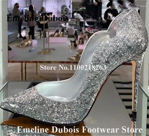 Sukienka buty bling srebrne pompki brokatowe emeline dubois spiczaste palce cekinowe pięta ślubna o wysokości 8 cm 10 cm 12 cm