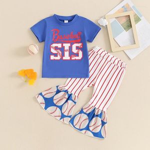 Kläder sätter baby flicka sommarkläder baseball bokstav tryck kort ärm t-shirt och elastiska randiga flare byxor söta 2 bitkläder