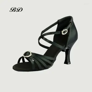 Dance Shoes TOP Latin Women Cowhid Soft Sole Heel Cover Bag BD 290 Double Diamond Buckle BLACK SATIN 7.5 CM SALSA