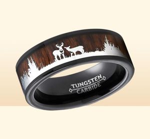 Anéis de casamento 8mm de tungstênio preto tungstênio homens tocam koa madeira embutido veado veado caça silhueta banda de moda jóias para man2772813