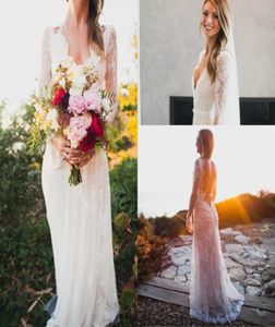 Sheath Lace Long Sleeves Boho Wedding Dresses 2019 V Neck Vintage Sweep Train Backless Bridal Gowns Custom Made Cheap High Quality2711303