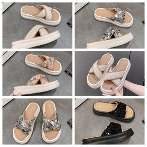 2024 Top Luxury Thick soled cross strap cool slippers women black white Exquisite sequin sponge cake sole one line trendy slippers