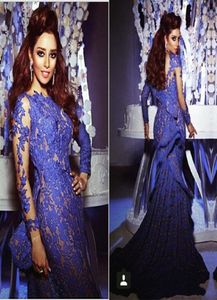 Royal Blue Lace Dresses Evening Wear Custom Made Draped Ruffles sjöjungfru aftonklänningar ärmar Myriam Fares Celebrity Formal Gown3842975