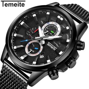 TEMEITE New Original Men's Watches Top Sport Business Quartz Watch Men Clock Date Mesh Strap Wristwatches Male Relogio