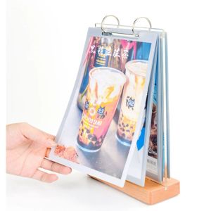 Frame Wood Base PVC Pages Sleeves Desk Advertising Food Poster Display Frame Restaurang Bord Meny Holder Stand Cookbook Fotoalbum