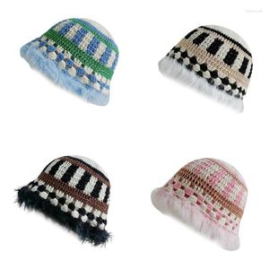 Berets Soft Knitting Bucket Hat For Women Contrast Color Fisherman Furry Brim Fashion Female Winter Warm Headwear