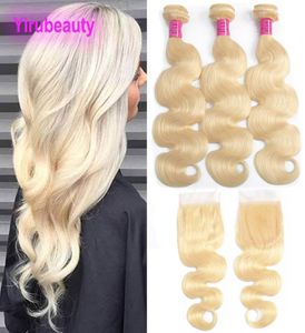 Malaysiska 613 Body Wave Baby Hair Extensions Bunds med spetsstängning 4x4 bunt 1030 tum Blond Color 4PCS4022263