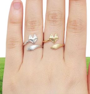 10st Gold Silver Justerbara söta rävringar Enkla 3D -djurhuvud Face Tail Ring Tiny Ed Wrap Smooth Fox Minimalist Jewelry F6342361
