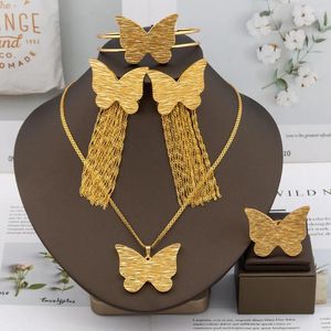 Necklace Earrings Set Dubai Big Jewelry Design For Women Wedding Bride Gold Plated Butterfly Shape Drop Italian Lady Bangle Ring