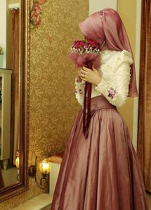 Islamic Wedding Dresses With Hijab Long Sleeves Pearl Beading Taffeta A Line Muslim Wedding Dress Zipper Pink Bridal Gowns4079327