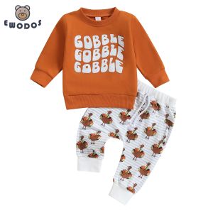 Byxor Ewodos Toddler Baby Boys Girls Fall Outfits Letter Print Långärmad tröjor Turkiet tryck Långa byxor 2st Thanksgiving Set