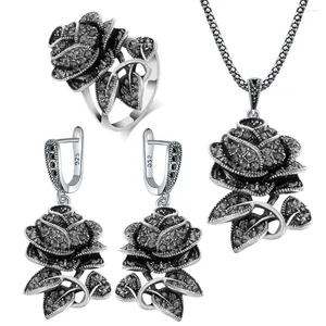 Orecchini di collana set Ajojewel Black Marcasite Rose Flower for Women Earing vintage e anello Elegante festa regalo/matrimonio