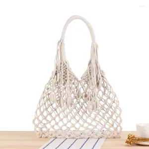 Drawstring Ladies Tote Tassel Büyük Kapasite Dokuma Çanta Saman El Yapımı Pamuk Halat Net Plajı