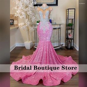 Party Dresses Long Pink Prom 2024 Diamonds Mermaid Style Luxury Sparkly Rhinestones Crystals Sequin Black Girls