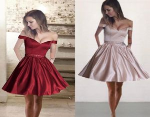 2018 Simple Satin Short Homecoming Dresses Off Shoulder Crystal Beaded Backless Dark Red Champagne Navy Blue Prom Dresses Party Dr2039035