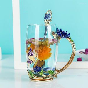 Weingläser Blau Rose Emaille Kristall Tee Tasse Kaffeet Becher Schmetterling bemalt Blumenwasser Tassen klares Glas mit Löffel Set Hochzeitsgeschenk