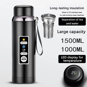 6001500ml 316 Stainless Steel Thermos Bottle LED Temperature Display Vacuum Flask With Tea Separation Filter Leakageproof Cup 240407