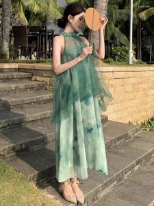 Casual Dresses Vintage Chinese Green Patchwork Floral Bandage Pleated Long Dress Women Korean Evening Party Irregular Halter Summer Boho