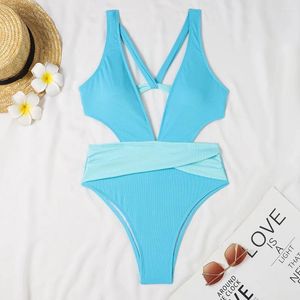 Women's Swimwear 2024 Sexy Solid Ribbed One Piece Swimsuit Women Female Deep V Bathing Suit Summer Beach Wear Cut Out Monokini Blue