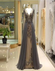 2019 Długie rękawy ciemnoszare vneck formalne sukienki wieczorowe Frezowanie ALINE SUKIENKA PROM DŁUGO ELEGATYCZNA MATKA MATKA BRIDE SURESY 808594046