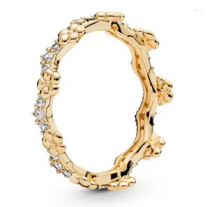 Clusterringe Original 925 Sterling Silber Gold Pan Ring Blumenkrone mit Kristall für Frauen Hochzeitsfeier Geschenk Feiner Schmuck