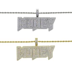 Łańcuchy mrożone Bling 5a CZ Paved Gold Color Letter Pieniądze Naszyjnik z długim łańcuchem linowym Hip Hop Dollar Men Boy Jewel1580736