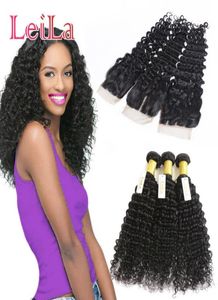 Malaysian 3 Bundles With 4 X 4 Lace Closure Deep Wave Unprocessed Human Hair Weave Hair Extensions Black Natural Color6713322